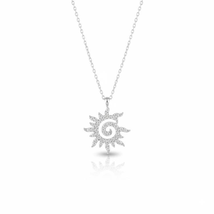 damski srebrny naszyjnik słoneczny amulet z hipnotyzującą spiralą w centrum słońce senka srebro 925
