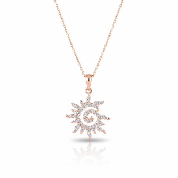 damski srebrny naszyjnik słoneczny amulet z hipnotyzującą spiralą w centrum, otoczony subtelnie lśniącymi kamieniami senka srebro 925